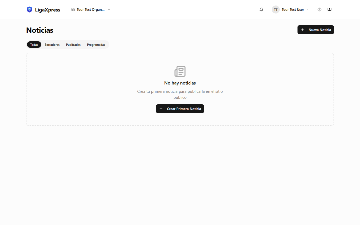 Pantalla de noticias en el dashboard