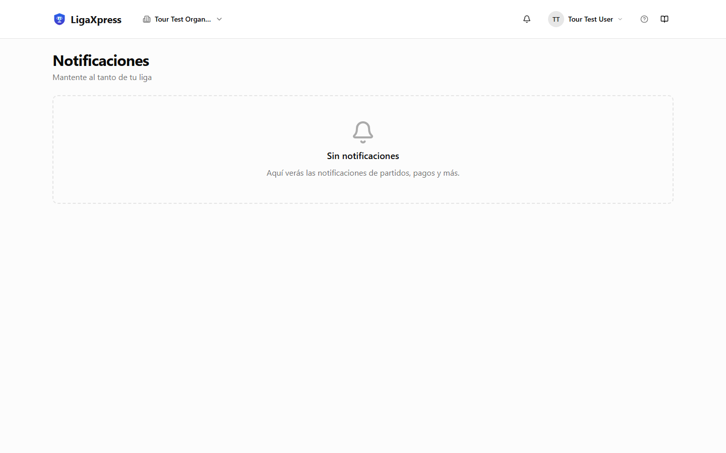 Pantalla de notificaciones en el dashboard