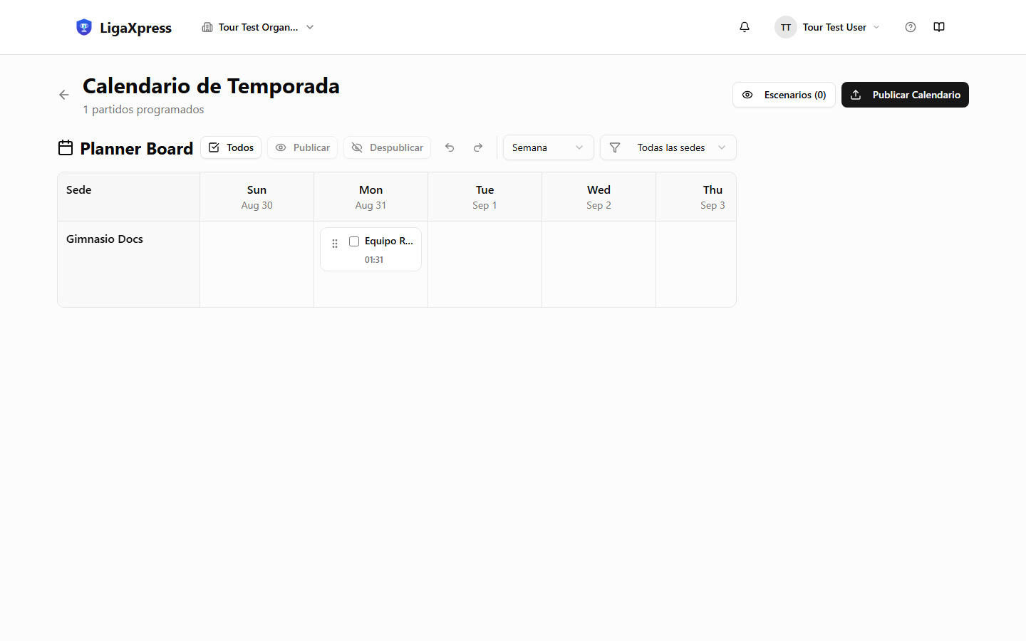 Calendario de una temporada en el dashboard