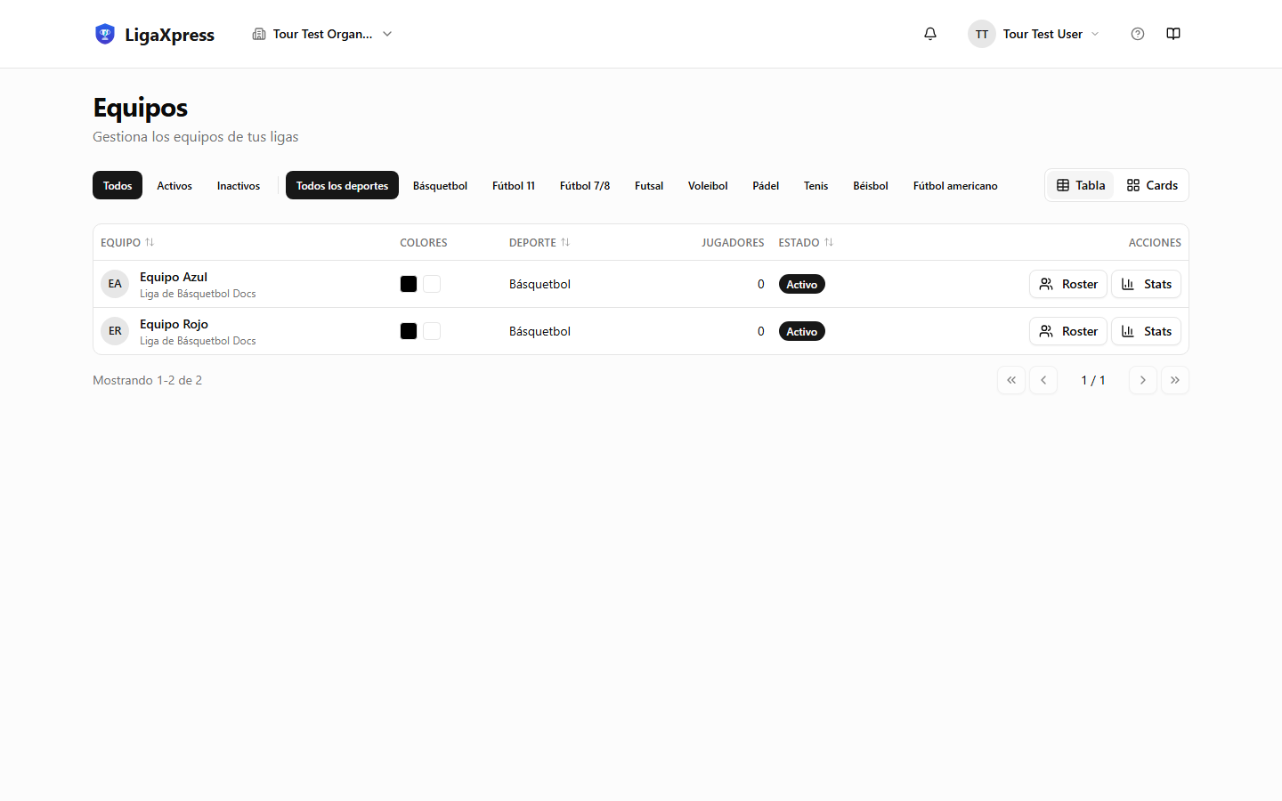 Pantalla de equipos en el dashboard