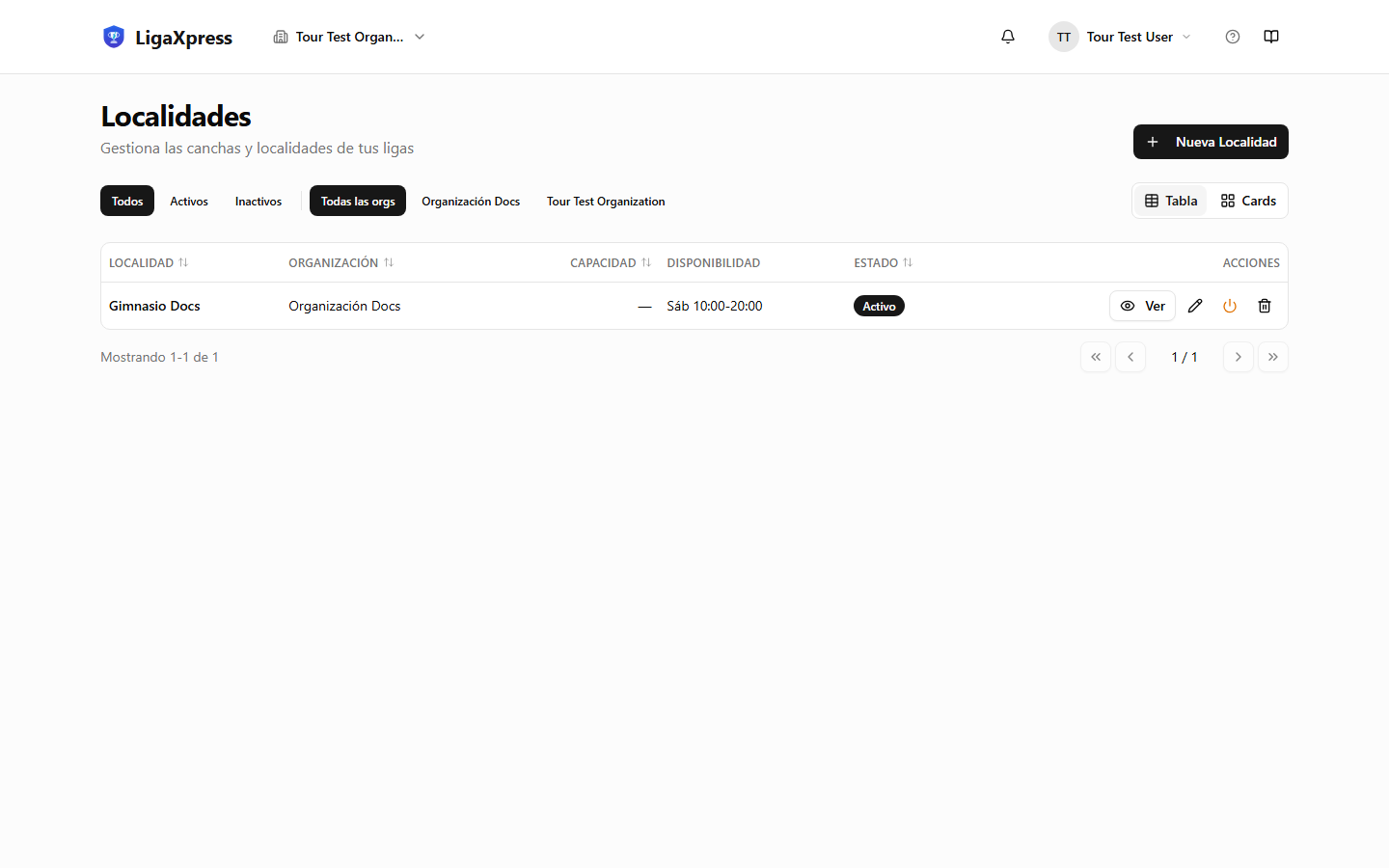Pantalla de canchas en el dashboard