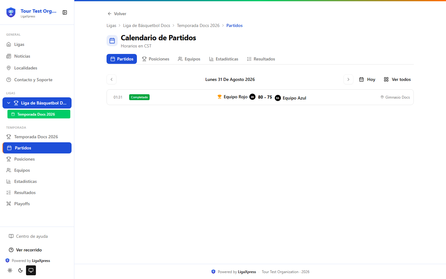 Calendario de partidos en el portal